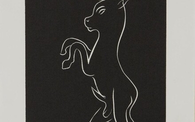 Henri Matisse, French 1869-1954, Un meuglement different des autres, no.4, from Pasiphaé,1981; linocut in black and white on wove, numbered 79/100 in pencil, with the HM blindstamp, sheet 32 x 25 cm (unframed) (ARR) Note: The linocut plate was made...