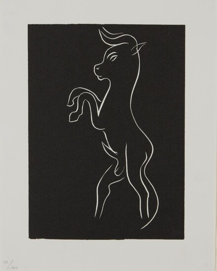 Henri Matisse, French 1869-1954, Un meuglement different des autres, no.4, from Pasiphaé,1981; linocut in black and white on wove, numbered 79/100 in pencil, with the HM blindstamp, sheet 32 x 25 cm (unframed) (ARR) Note: The linocut plate was made...
