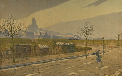Henri RIVIERE (1864-1951) Femme sous la pluie Lithographie (tâches et déchirures) 53 x 82 cm...