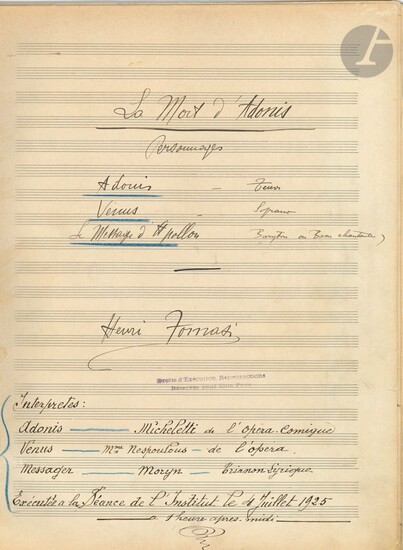 Henri TOMASI. Manuscrit musical autographe... - Lot 137 - Ader