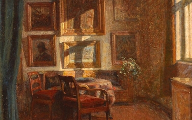 Hugo Larsen: Interior from the artist's home. Signed and dated Hugo Larsen 1945. Oil on canvas. 66×77 cm. + A book on the artist. (2).