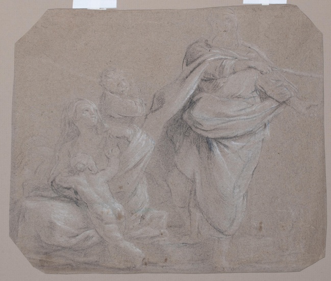 ITALIAN SCHOOL, 17TH/18TH CENTURY, DRAPED FIGURE, POSSIBLY CHRIST SHOWING THE WAY, Black and white chalk on laid paper, Sheet: 10 x 11 3/4 in. (25.4 x 29.8 cm.); Sight: 9 x 11 in. (22.9 x 27.9 cm.), Frame: 19 x 20 1/2 in