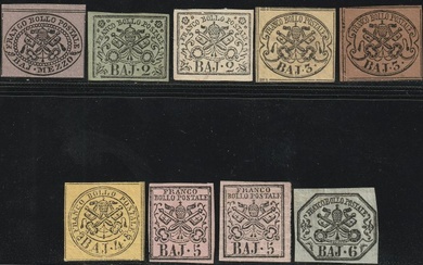 Italian Ancient States - Papal State 1852/64 - 1st issue, set of 9 values with good margins, mint with full gum, rare, with experts’ reports - Sassone n.1A+3+3A+4A+4Aa+5A+6+6A+7