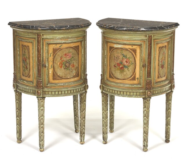 Italian Pair of Hand Painted Demilune Tables with Marble Tops, ca. Mid 20th Century