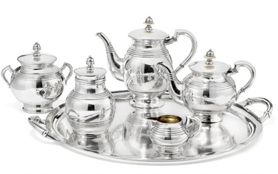 Ivan Petrovich Chlebnikov: A Russian silver tea service, comprising teapot, tea caddy, creamer, sugar bowl, dish and matching Danish coffee pot. (6).