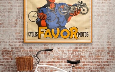JACQUES-PIERRE BELLENGER, CYCLES FAVOR MOTOS 1937, ORIGINAL LITHOGRAPHIC POSTER, 116 X 156CM, FRAME: 129 X 170CM, CONDITION: DISCOL...