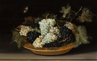 Jacques Linard Still life with black and green grapes in...