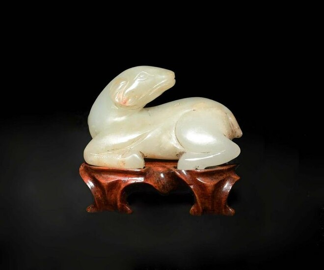 Jade Carving of a Goat with Hardwood Stand, 18th