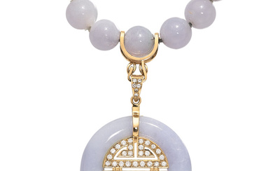 Jadeite Jade, Diamond, Gold Pendant-Enhancer-Necklace Stones: Jadeite jade bi,...