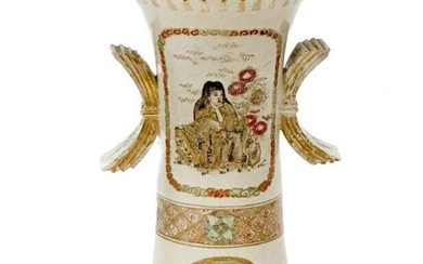 Japanese Satsuma Hand Painted Porcelain Twin Handled Vase Meiji Period