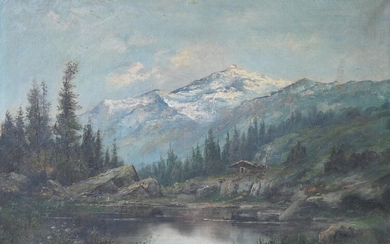 Jean BAIN (XIX-XXth). Mountain overlooking the lake. Oil on canvas signed lower right. 54x73 cm (Ancient restorations)
