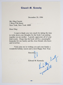 KENNEDY, EDWARD Large group of letters and notes to Oleg Cassini.