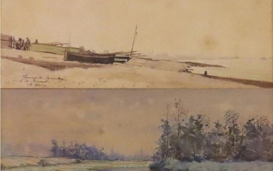 LAMY François-Edouard « Barque sur la grève » et « Bord de rivière » deux aquarelles formant pendant - 12,5x31,5