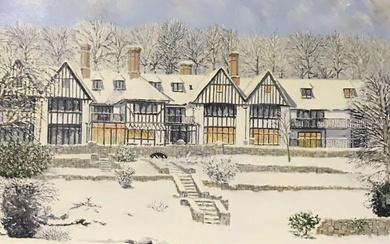 LARGE ENGLISH OIL PAINTING TUDOR HOUSES IN WINTER SNOW LANDSCAPE c. 2000