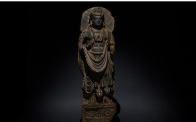 LARGE GANDHARA SCHIST STONE FIGURE OF STANDING BUDDHA