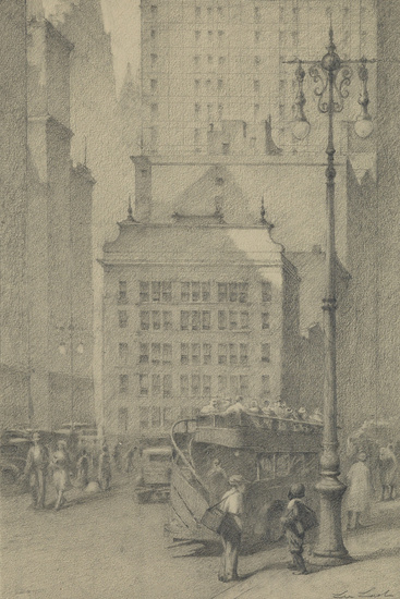 LEE LASH Madison Square. Pencil on cream wove paper, circa 1920. 260x185 mm;...