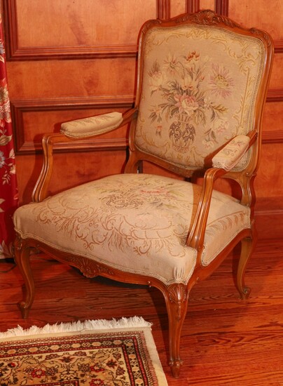 LOUIS XV STYLE NEEDLEPOINT UPHOLSTERED ARMCHAIR, H 42", W 27"
