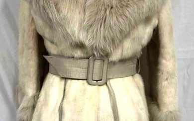 La Belle Fine Furs Full Length Trench Coat White Tourmaline Mink & Fox Fur With Leather