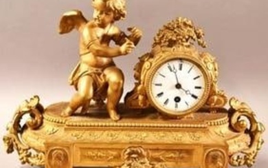 Large 17" Antique French Gilt Metal Cherub Mantel Clock
