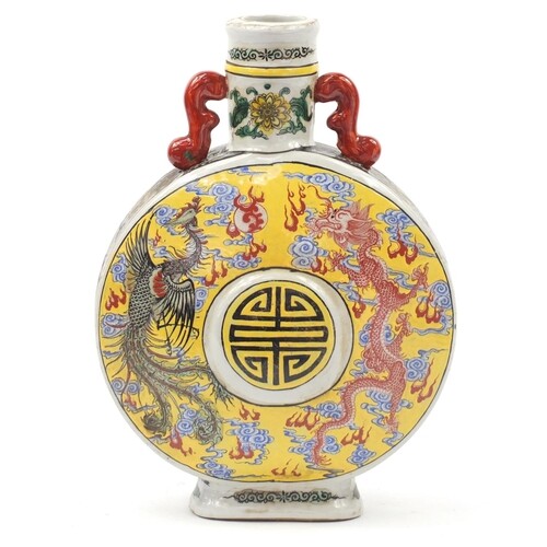 Large Chinese porcelain moon flask with twin handles, decora...