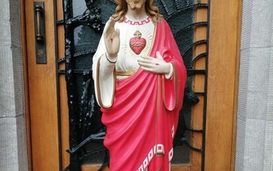 Large Church Statue: Christ Sacred Heart - 138 cm. - Plaster - Early 20th century