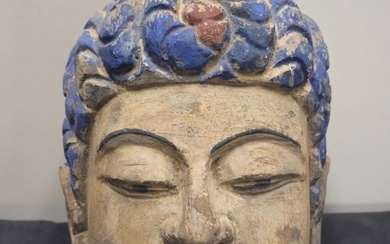 Large Hand Carved & Painted Buddha Head