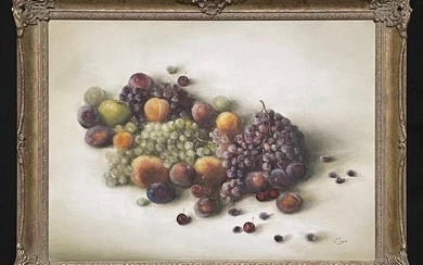 Large Signed Oil Still Life Fruit - Opulent display grapes peaches cherries