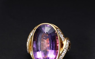 Large and Elaborate 18K Yellow Gold Amethyst & Diamond Cocktail Ring