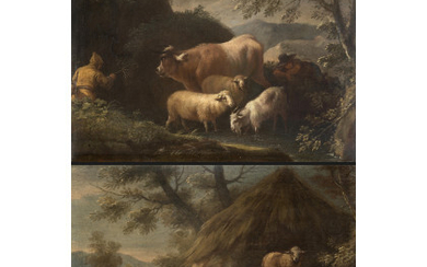 Late 18th Century Central Italian school Shepherds and herd oil on canvas 35.5x46.5 cm. Shepherd and herd near a hut...