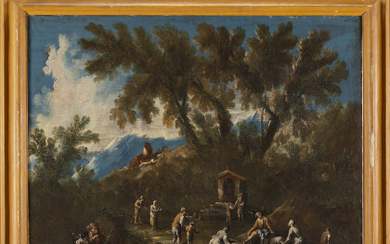 Lombard follower of Alessandro Magnasco, 18th century Landscape with travellers at a votive shrine Oil on canvas, 92x118 cm....