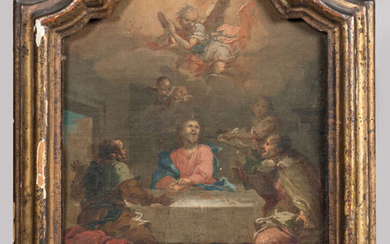 Lot 37 ECOLE ITALIENNE du XVIIème siècle. "Pèlerin d'Emmaüs". Huile sur toile. 29 x 20 cm. Rentoilage. RM