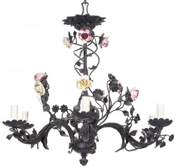 Louis XV Style Iron and Porcelain Six-Light Chandelier