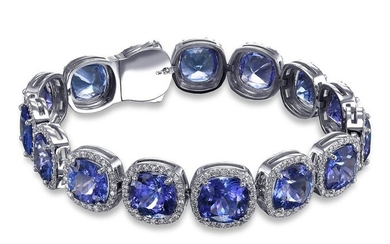 Luxury 42.98 Carat Natural Tanzanite and Diamonds Halo Bracelet - 18 kt. White gold - Bracelet - 42.98 ct Tanzanite - Diamonds, NO RESERVE