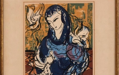 MICHEL-MARIE POULAIN, France, 1906-1991, Woman with doves., Silkscreen on paper, 10" x 8.5". Framed 18.5" x 15".