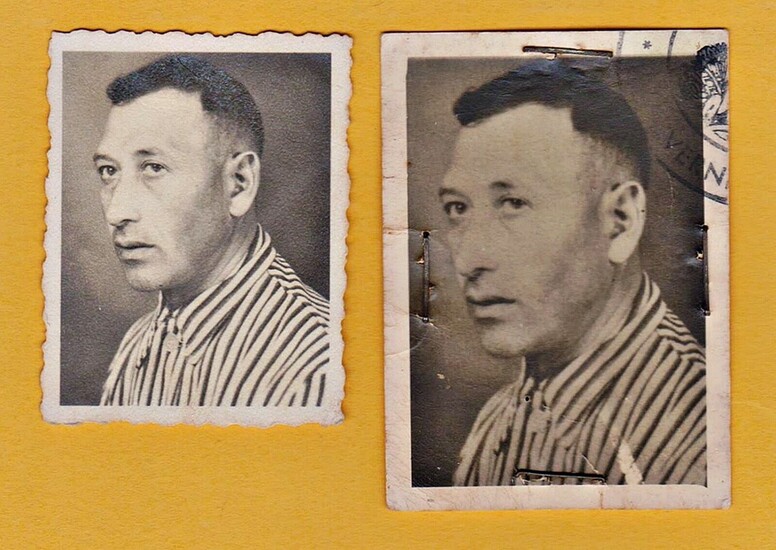 MUSEUM ITEMS - 100% ORIGINAL PHOTO'S !!! 2 SMALL PASSPORT photographs of a Jewish inmate in the Auschwitz extermination camp, Poland, (Probably after the Russian liberation), in the concentration camp uniform. In the back, the prisoner's name: Jacob...