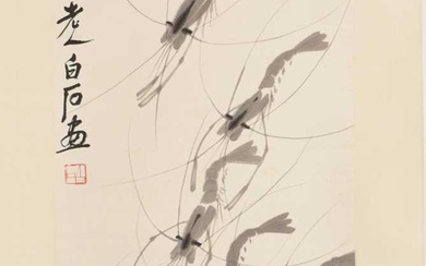 Manner of Qi Baishi (1864 - 1957) - Chinese watercolour scroll, nine shrimps or crayfish