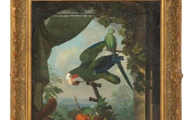 Manner of Tobias Stranovius (German, 1684-1724) Parrots, Squirrel and Fruit on a Stone Ledge with