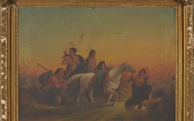 Mid 19th century American school "Indians Travelling". Large painting. Oil on canvas. Framed.