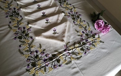 Mixed linen tablecloth with full stitch embroidery - Cotton, Linen - 20th century