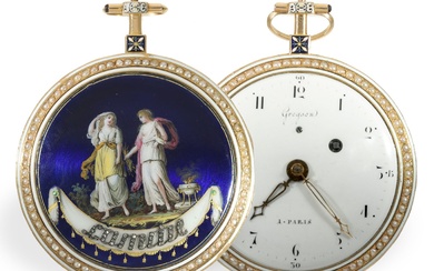 Montre de poche : importante montre à verge en or et émail de Pierre Gregson...