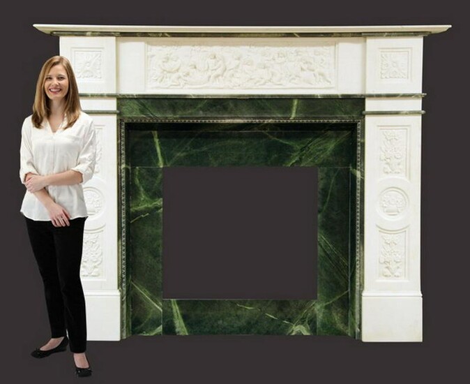 Monumental carved marble mantel, 72"h