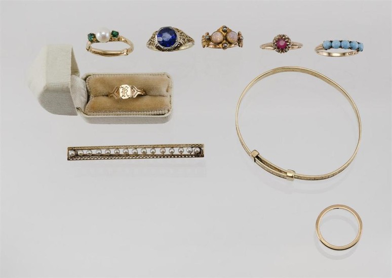 NINE PIECES OF ANTIQUE JEWELRY 1) Art Nouveau 14kt gold, opal and diamond ring. Size 3. 2) 14kt gold and seed pearl bar pin. Length...