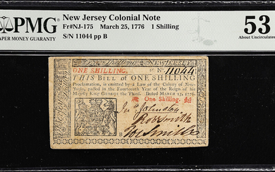 NJ-175. New Jersey. March 25, 1776. 1 Shilling. PMG About Uncirculated 53.