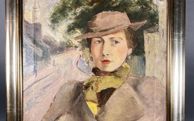 Nadia Benois Neac (1896-1975) Original oil on canvas 'Self Portrait in Hampstead', signed and dated 1934. 71 cm x 63.2 cm (Frame size) 59 x 52 cm (Image size).