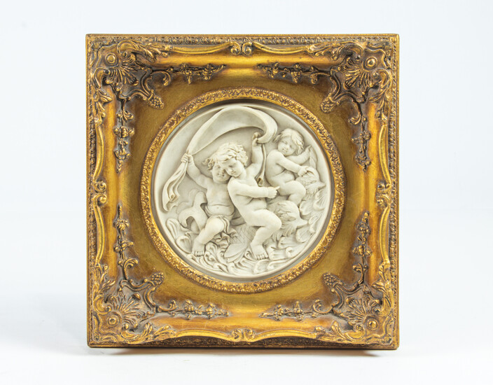Neoclassical style cast stone figural relief plaque within gilt frame