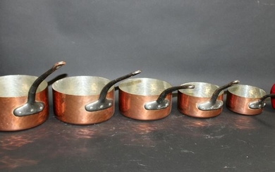 Nest of 5 French hand hammered copper pots