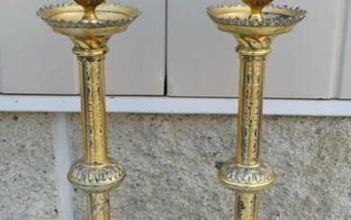Nice Pair of Older Antique Altar Candlesticks + 18" ht.