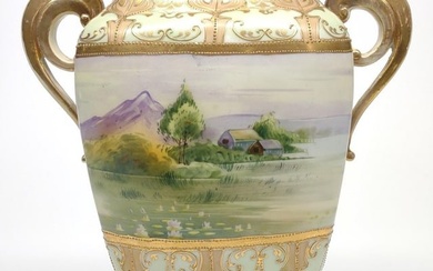 Nippon Mountain Landscape Painted Footed Vase