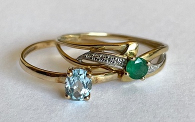 No Reserve Price - Ring (Lot of 2) 9K Gold - Aquamarine, Emerald
