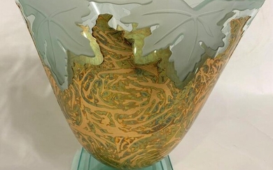 Olga R. Etched Crystal Hand Signed Vase W/Gold Leaf